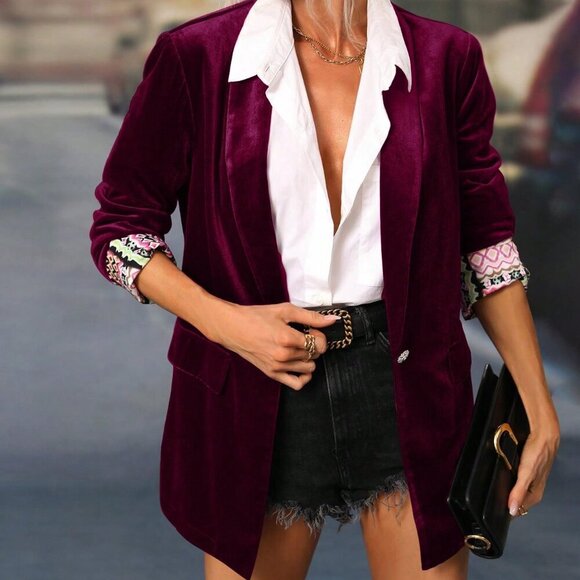 Burgundy Blazer With Lace Waist Belt And Satin Collar